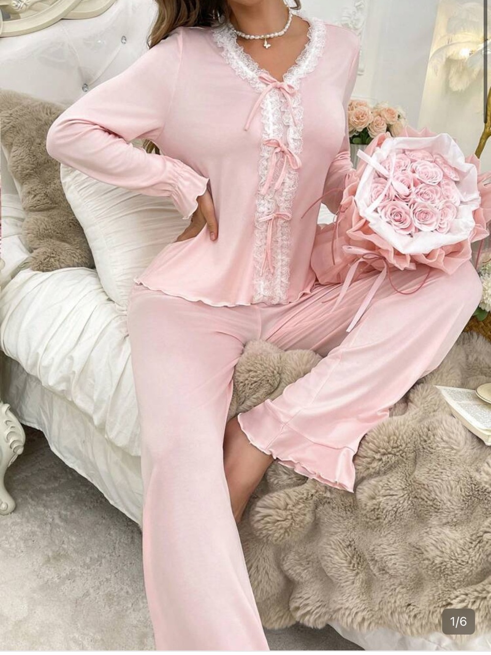 Women's Pink Lace-Trim Pajama Set